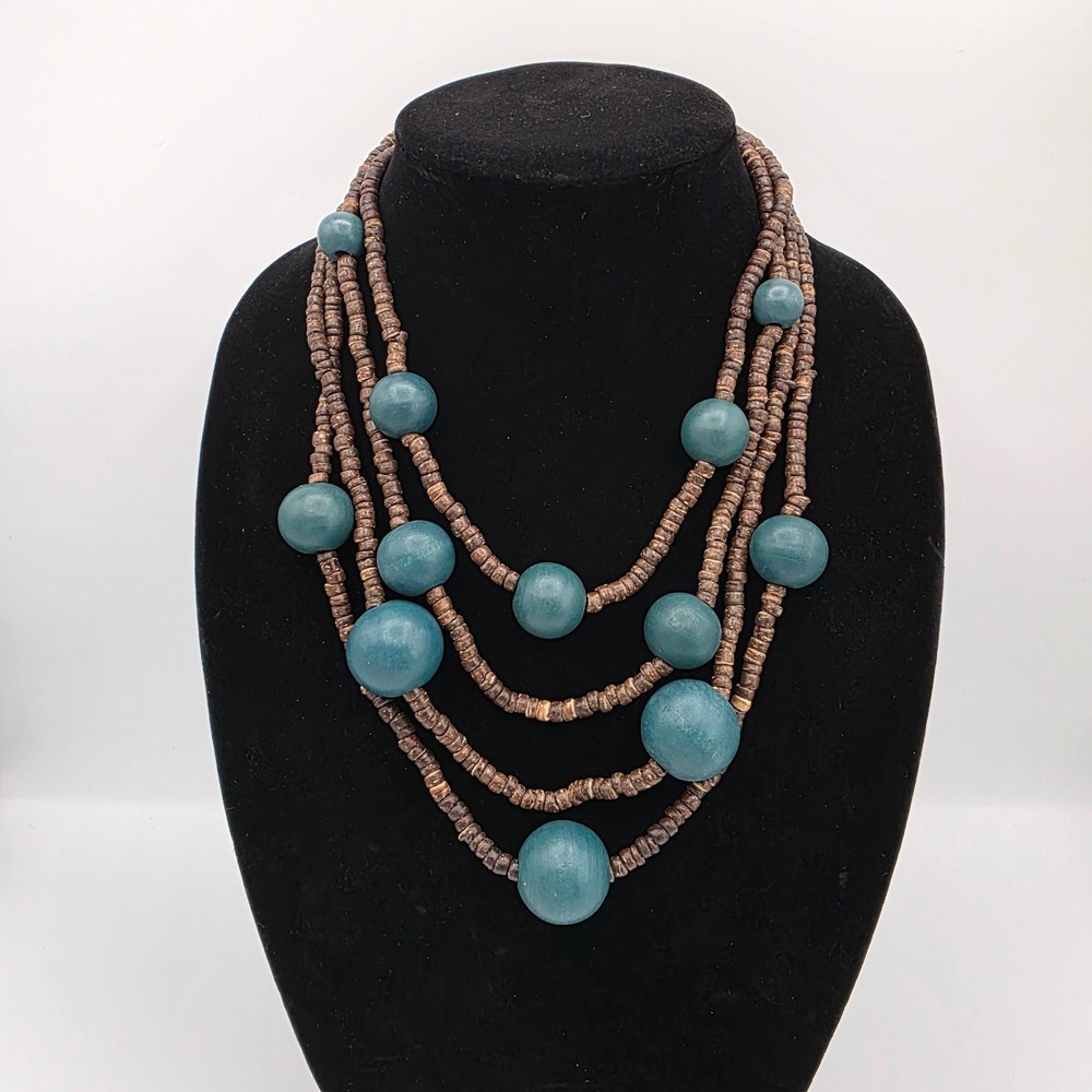 Plunder Womens Multi Strand Chunky Wood Sphere Bead Blue Round Boho Beach 24"
